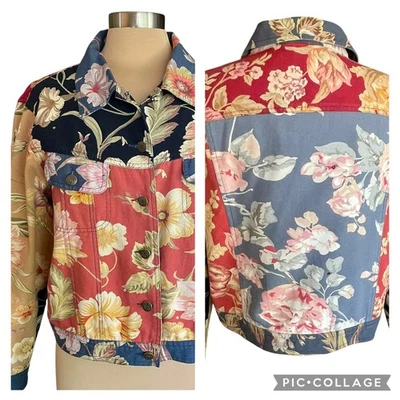 Stonebridge Red Blue Tan Floral Jean Jacket LGp Cottagecore Grannycore Romantic - Image 1 of 4