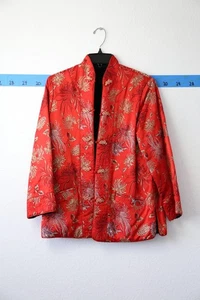 WOMENS RED Plum Blossoms Vintage Chinese Embroidered Silk Jacket fur lined small - Picture 1 of 4