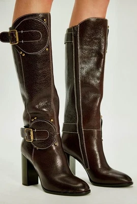 Free People Jeffrey Campbell Tall Boheme Buckle Boot Brown Crinkle Bronze 7 NEW - Image 1 of 4