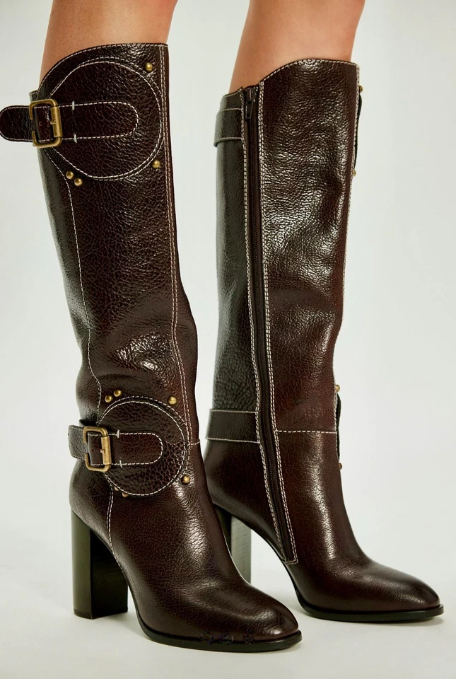 Free People Jeffrey Campbell Tall Boheme Buckle Boot Brown Crinkle Bronze 7 NEW - Image 1 of 4