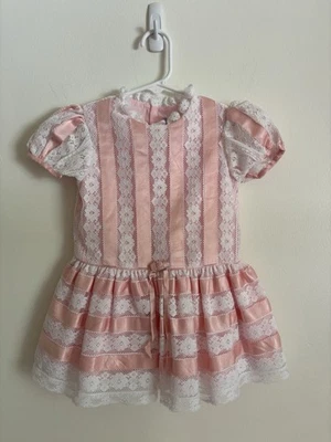 Vintage Pink Satin and Lace Toddler Dress Gown Size 3 - Image 1 of 4