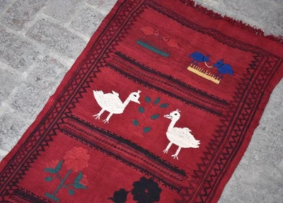 Red Afghan Pictorial Kilim Runner Rug 2x9 ft Handwoven Vintage Tribal Animal Rug - Image 1 of 4
