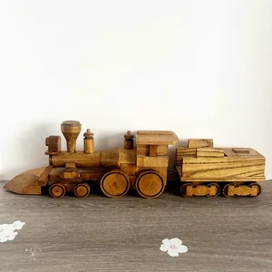 Vintage Hand Made Solid Wood Locomotive Steam Engine and Cargo Car Train Set  - Picture 1 of 11