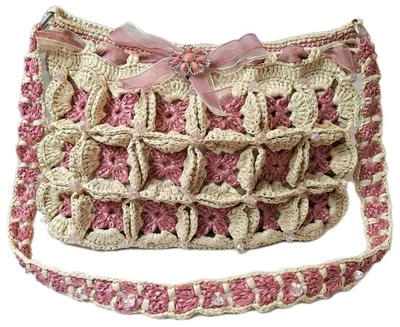 Cartera de rafia de ganchillo hecha a mano de colección forrada con cuentas bolso cinta broche acento  Foto 1 de 4