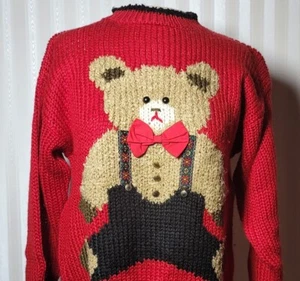 Suéter de Navidad tejido a mano vintage años 80 Heidi para mujer talla S oso grueso lazo 3D - Imagen 1 de 8