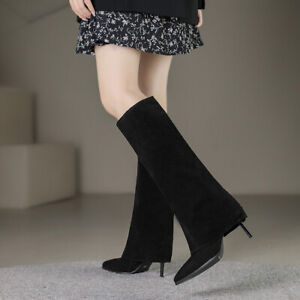 Womens 2022 Fashion Faux Suede Pointy Toe High Heel Knee High Boots Shoes  