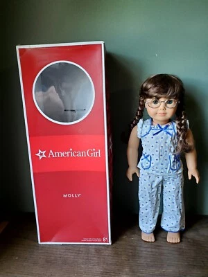 美国女孩莫莉娃娃 2013 年 18 英寸带睡衣和眼镜原装盒 * 穿 * — 第 1/4 张图片