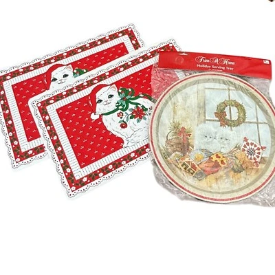 Vintage Trim A Home Holiday Serving Tray & Cat Placemats Christmas Decor Set - Image 1 of 3