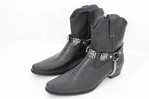 Biker Men Western Boot Silver Chain Pair Leather Straps Cross Charms Punk Rocker - Picture 1 of 24