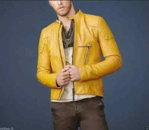 Men's Genuine 100% Lambskin Leather Jacket Yellow Biker Motorcycle Slim Fit - Picture 1 of 9