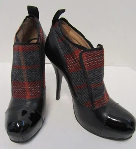 L.A.M.B Red Plaid wool & Black Patent Leather Essex slip on heeled Booties Sz 7 - Picture 1 of 5