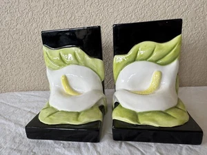 Vintage Japan Bookends Ceramic Black Floral Calla Lily Modernist MCM Flowers - Picture 1 of 9
