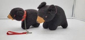 Lot of 2 Vintage Rubber Face Black Bear Red Collar Plush Stuffed Toy, Straw - Picture 1 of 11