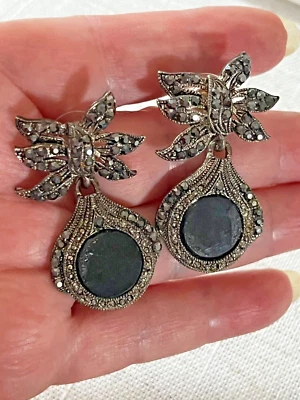 Marcasite Hematite Crystal Teardrop Earrings In Aged Silver Tone .. - Image 1 of 4