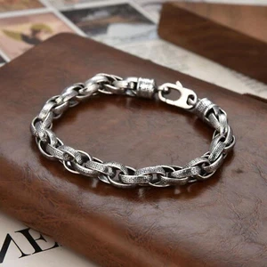 Real S925 Sterling Silver Chain Men Women 8mm Carved Pattern Oval Link Bracelet - Picture 1 of 7