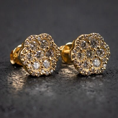 Aretes con racimo de flores de diamantes naturales helados de oro amarillo real de 14K para hombre Foto 1 de 4