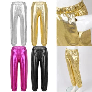 Girls Glossy Metallic Dance Pants High Waist Leggings Hip Hop Jazz Dancewear - Picture 1 of 44
