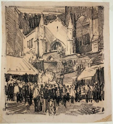 Charles Locke Era WPA Cincinnati Ohio Artista Carbón Dibujo Iglesia Mercado Foto 1 de 4