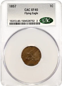 1857 Flying Eagle Cent CACG XF-40 CAC - Nice Woodgrain Toning! - Picture 1 of 2