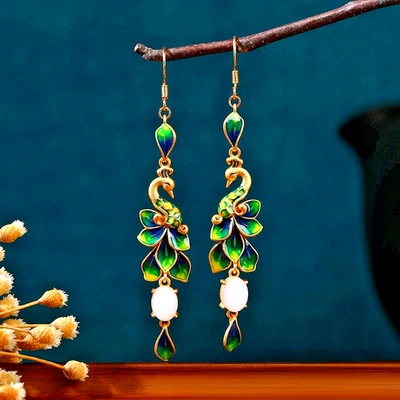 18K Gold Plated Jade Drop Dangle Earrings Peacock Cloisonne Bohemian Hook - Image 1 of 4