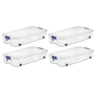 Caja de cierre con ruedas Sterilite 66 cuartos, contenedor de almacenamiento transparente debajo de la cama con tapa, paquete de 4 Foto 1 de 4