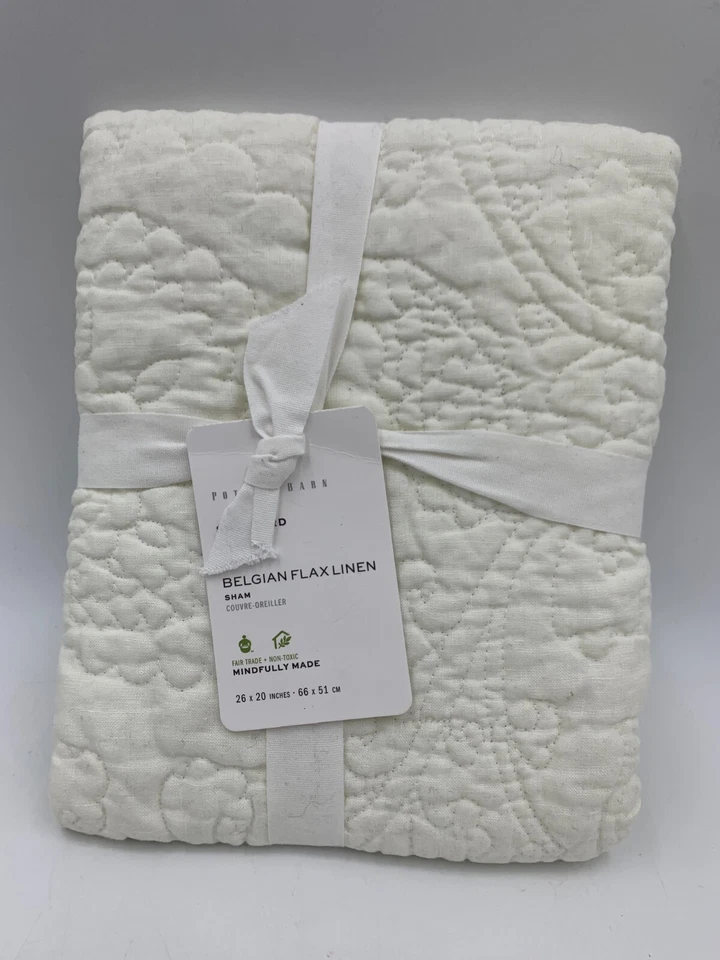 1 Pottery Barn Belgian Linen Floral Stitch Sham Standard Classic Ivory 4144092