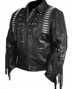 Mens Black Western Style Leather Jacket Cowboy Fringe Cowhide Leather Jacket - Bild 1 von 3