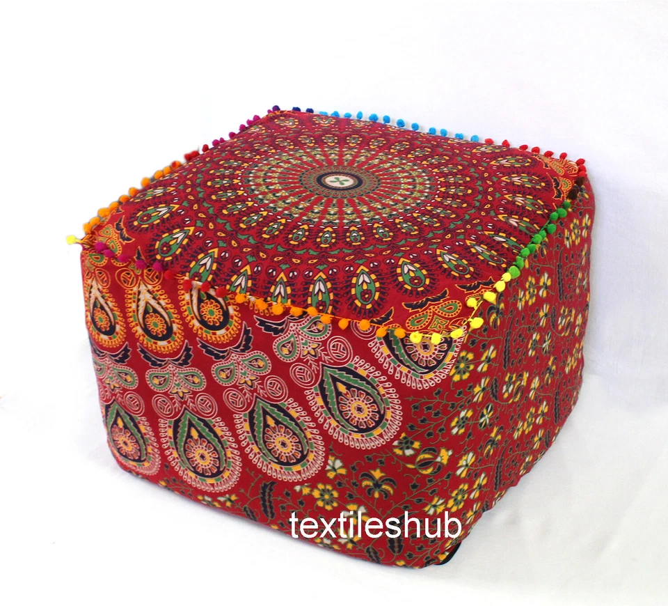 18" Mandala Square Ottoman Pouf Cover Indian Handmade Footstool Seating Cover - Image 1 of 1