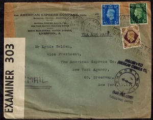 WWII England 1940 Censor Cover w/ Tape 303 Type 1F Liverpool to NYC - Picture 1 of 3