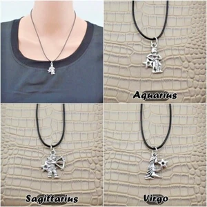 Silver Zodiac Pendant W Black Cord Necklace Unisex - Picture 1 of 6