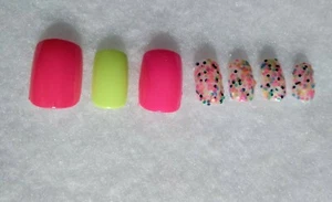 Ballerina Coffin Neon Pink Yellow Bling "Neon Kiss" Short Artificial Nail Tips - Picture 1 of 5