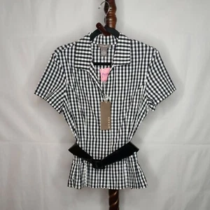 NWT Kenar women's 8 shirt black white check collar button up short sleeve belt - Picture 1 of 5