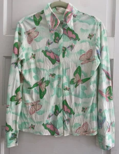 Vintage 1970 Button-Up Blouse Butterflies Light Teal and Pink ExtraSmall Juniors - Picture 1 of 13