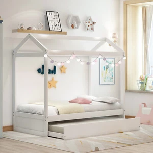 Wood House Bed Frame Twin Size Kids Platform Floor Bed with Trundle & Roof White - Picture 1 of 17