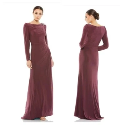 IEENA FOR Mac Duggal Draped Boat Neck Long Sleeve Trumpet Gown SIZE 6 PLUM NWOT - Image 1 of 3