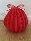 HAND KNITTED 6 CUP ARAN TEA COSY RED NEEDLES AND PINS