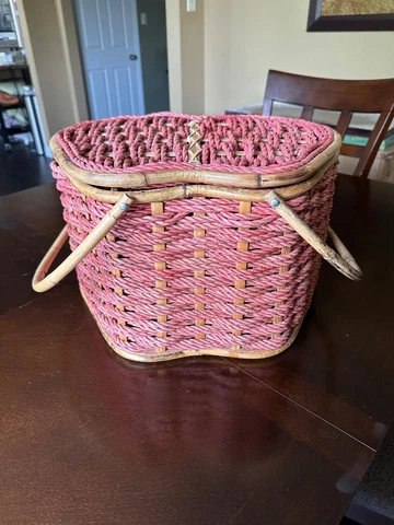 1970s Handwoven Apple Shaped Rattan Picnic Basket With Bamboo Trim Cover