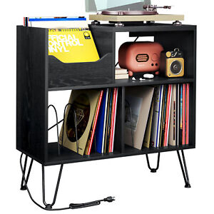 TC-HOMENY LED Vinyl Record Player Stand Turntable Stand Cabinet with Power Ports