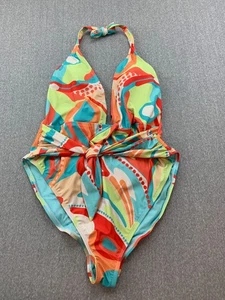 Jessica Simpson Halter Tropical 1 PC Swimsuit Womens XL Teal Ruched Bum Low Back - Picture 1 of 12