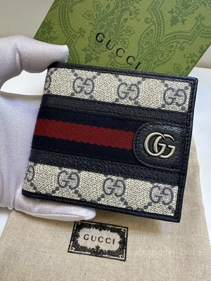 Cartera monedero plegable de cuero para hombre Gucci GG - azul marino/rojo Foto 1 de 4