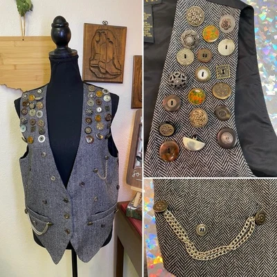 Chaleco Steampunk De Colección Años 90 Gris Negro Espiga Tweed Botón Adornado OS S M L Foto 1 de 4