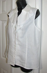 Jones New York Signature White Button Top Sleeveless Ruffled V-Neck Linen Wm. L - Picture 1 of 11