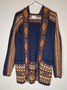 Lucky Brand Hooded Cardigan Sweater Womens Medium Southwest Boho Aztec Ranch - Picture 1 of 13