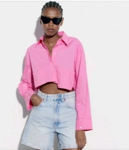 Zara Poplin Cropped Button Down Pockets Pink Blouse Sz M - Picture 1 of 12