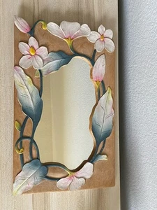 Vintage Hand Carved Wooden Painted Botanical Floral Accent Wall Mirror 80s - Picture 1 of 14