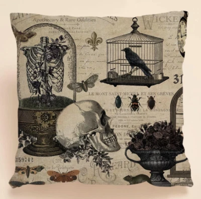 18x18 Pillowcase Cover Murder of Crows / Skulls / Goth / Skeleton / Raven / Cage - Image 1 of 3