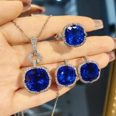 Juego de 3 piezas de gemas de topacio azul océano cuadrado grueso para mujer collar pendiente anillo Foto 1 de 4