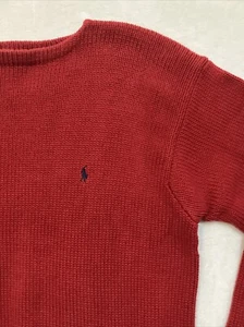 Vtg Ralph Lauren Polo Sweater Men Red Knit Grunge Boatneck Pullover Navy Pony - Picture 1 of 22