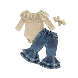 Infant Baby Girls Long Sleeve Lace Solid Romper Flare Denim Jeans Pants Headb... - Picture 1 of 7