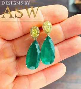 Huge and stunning 14k white and yellow gold pear shape emerald and pear and roun - Picture 1 of 5